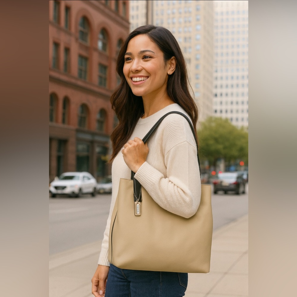 Coach Beige Tote Shoulder Bag with Black Straps